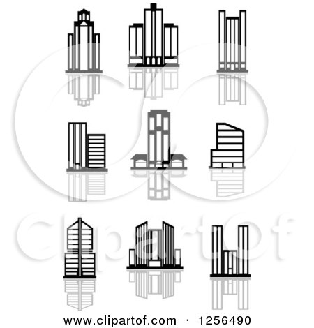 Clipart of Black and White Skyscraper Buildings with Reflections - Royalty Free Vector Illustration by Vector Tradition SM