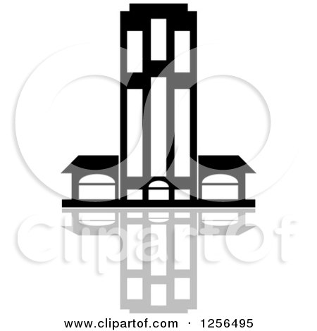 Clipart of a Black and White Skyscraper Building with a Reflection - Royalty Free Vector Illustration by Vector Tradition SM