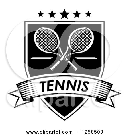 Clipart of Black and White Crossed Tennis Rackets with Stars in a Shield with a Tennis Banner - Royalty Free Vector Illustration by Vector Tradition SM