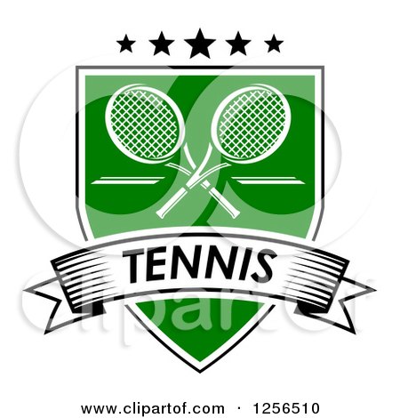 Clipart of Crossed Tennis Rackets with Stars in a Green Shield with a Tennis Banner - Royalty Free Vector Illustration by Vector Tradition SM