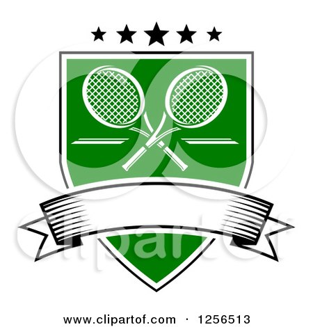 Clipart of Crossed Tennis Rackets with Stars in a Green Shield with a Blank Banner - Royalty Free Vector Illustration by Vector Tradition SM