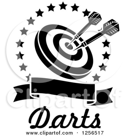 Clipart of Black and White Darts in a Target Inside a Star Circle over a Blank Baner with Text - Royalty Free Vector Illustration by Vector Tradition SM