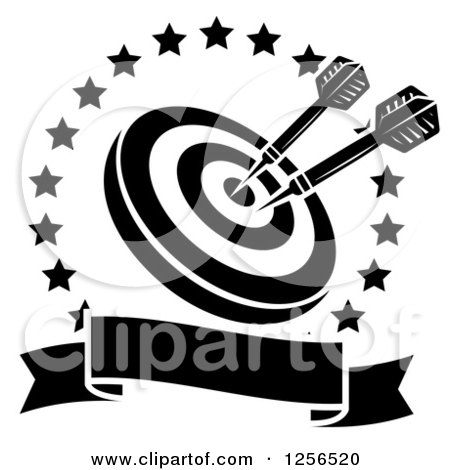 Clipart of Black and White Darts in a Target Inside a Star Circle over a Blank Baner - Royalty Free Vector Illustration by Vector Tradition SM