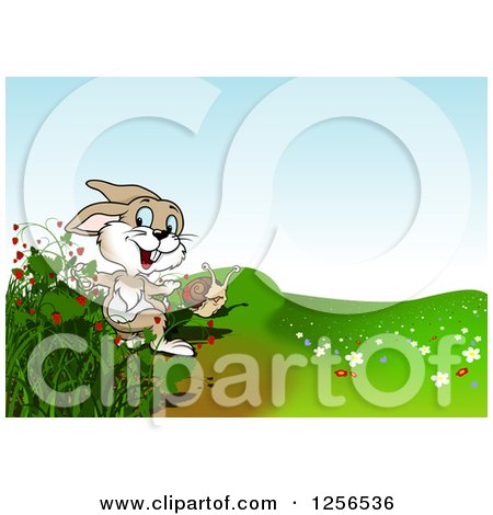 Clipart of a Rabbit and Snail by a Raspberry Bush - Royalty Free Vector Illustration by dero
