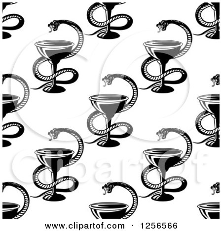 Clipart of a Seamless Black and White Snake and Goblet and Caduceus Pattern - Royalty Free Vector Illustration by Vector Tradition SM
