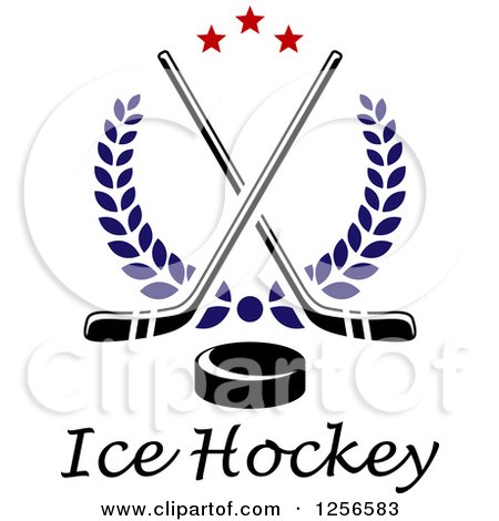 Clipart of Crossed Ice Hockey Sticks and a Puck over Laurels and Text - Royalty Free Vector Illustration by Vector Tradition SM