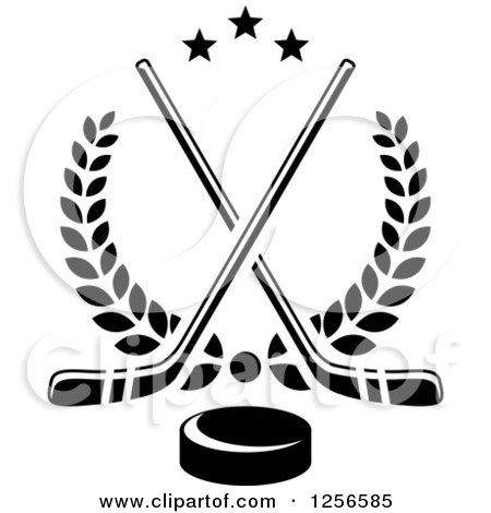Clipart of Black and White Crossed Ice Hockey Sticks and a Puck over Laurels - Royalty Free Vector Illustration by Vector Tradition SM
