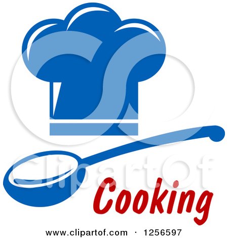 Clipart of a Blue Chef Hat and Spoon with Cooking Text - Royalty Free Vector Illustration by Vector Tradition SM