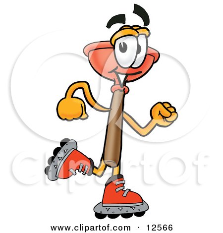 Clipart Picture of a Sink Plunger Mascot Cartoon Character Roller Blading on Inline Skates by Mascot Junction