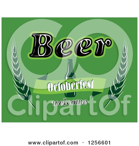 Clipart of a Bottle with Beer Octoberfest Welcome Text on Green - Royalty Free Vector Illustration by Vector Tradition SM
