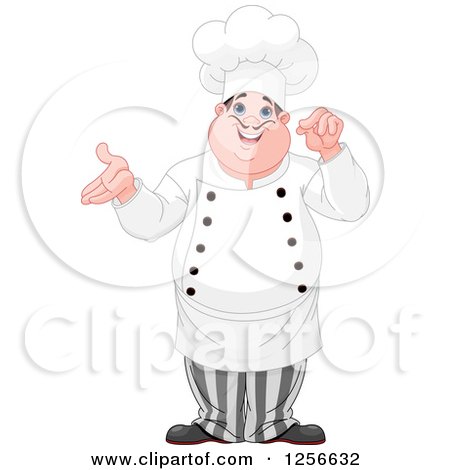 Clipart of a Chubby Caucasian Male Chef Presenting - Royalty Free Vector Illustration by Pushkin