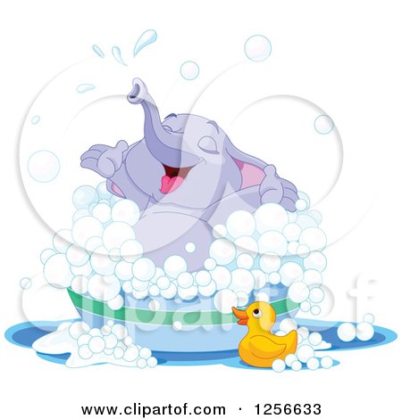 Clipart of a Cute Purple Baby Elephant Playing in a Bubble Bath - Royalty Free Vector Illustration by Pushkin