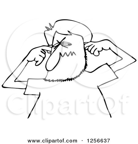 Clipart of a Black and White Cartoon Man Plugging His Ears - Royalty Free Vector Illustration by djart