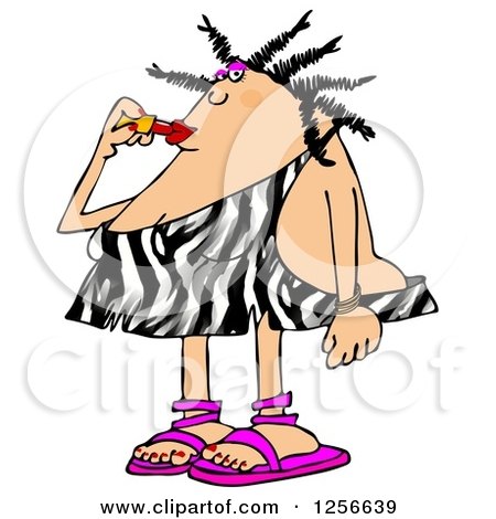 Clipart of a Stylish Cavewoman in a Zebra Print Dress, Applying Lipstick - Royalty Free Illustration by djart