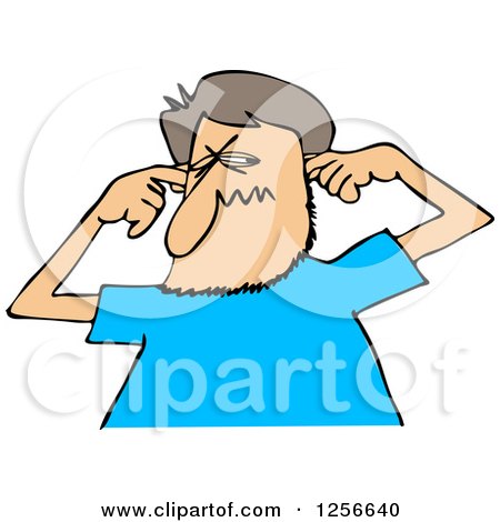 Clipart of a Cartoon Caucasian Man Plugging His Ears - Royalty Free Vector Illustration by djart