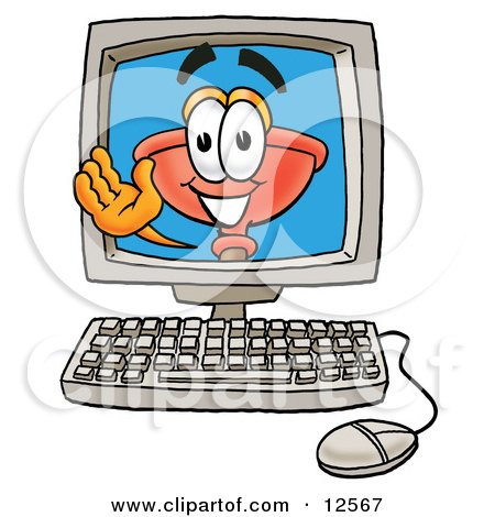 Clipart Picture of a Sink Plunger Mascot Cartoon Character Waving From Inside a Computer Screen by Mascot Junction
