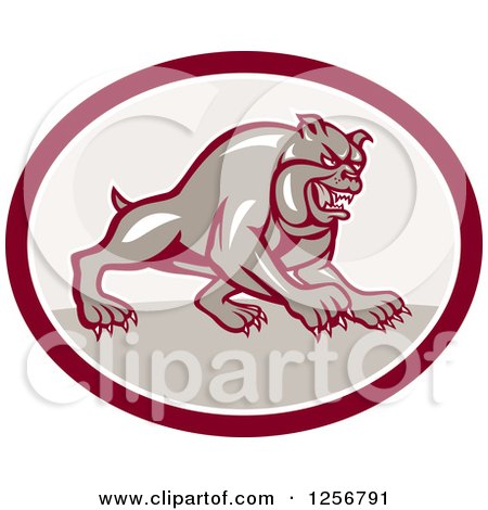 Clipart of a Retro Charging Guard Bulldog in a Maroon Oval - Royalty Free Vector Illustration by patrimonio