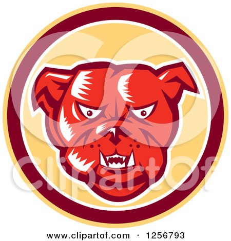 Clipart of a Retro Red Woodcut Guard Bulldog in a Yellow Maroon and White Circle - Royalty Free Vector Illustration by patrimonio