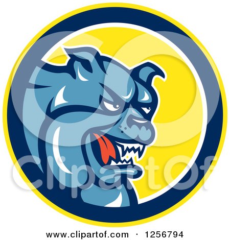 Clipart of a Blue Guard Bulldog in a Yellow Blue and White Circle - Royalty Free Vector Illustration by patrimonio