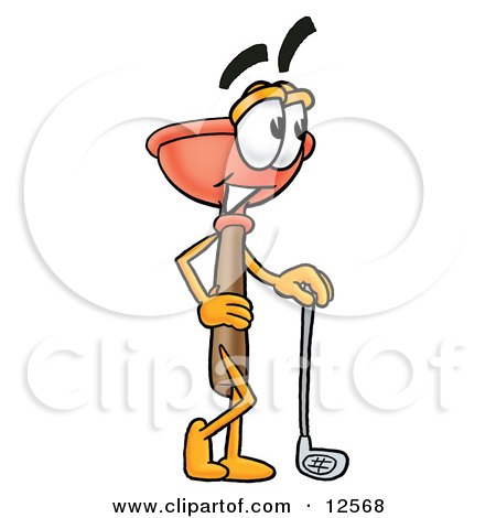 Clipart Picture of a Sink Plunger Mascot Cartoon Character Leaning on a Golf Club While Golfing by Mascot Junction