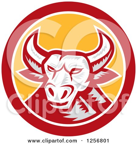 Clipart of a Retro Woodcut Longhorn Steer Bull in a Red and Yellow Circle - Royalty Free Vector Illustration by patrimonio