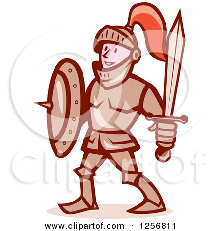 Clipart of a Cartoon Happy Knight with a Shield and Sword - Royalty Free Vector Illustration by patrimonio
