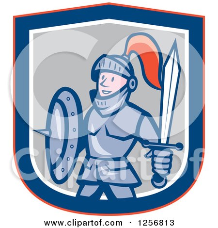 Clipart of a Cartoon Happy Knight in a Red Blue White and Gray Shield - Royalty Free Vector Illustration by patrimonio