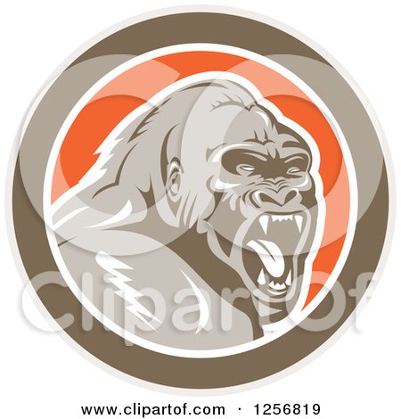 Clipart of a Retro Angry Gorilla Screaming in a Brown White and Orange Circle - Royalty Free Vector Illustration by patrimonio
