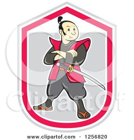 Clipart of a Cartoon Samurai Warrior with Folded Arms in a Pink White and Gray Shield - Royalty Free Vector Illustration by patrimonio