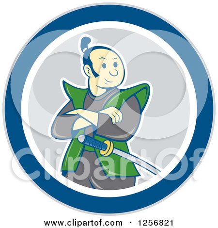Clipart of a Cartoon Samurai Warrior with Folded Arms in a Blue White and Gray Circle - Royalty Free Vector Illustration by patrimonio