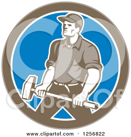 Clipart of a Retro Union Worker Carrying a Sledgehammer in a Brown White and Blue Circle - Royalty Free Vector Illustration by patrimonio