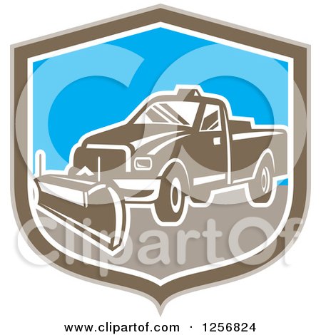 Clipart of a Retro Snow Plow Truck in a Brown White and Blue Shield - Royalty Free Vector Illustration by patrimonio