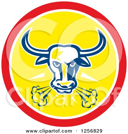 Clipart of a Retro Longhorn Steer Bull Snorting in a Red and Yellow Circle - Royalty Free Vector Illustration by patrimonio