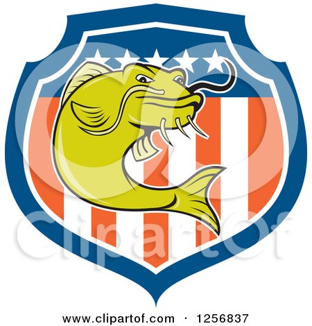 Clipart of a Cartoon Angry Green Catfish over an American Flag Shield - Royalty Free Vector Illustration by patrimonio