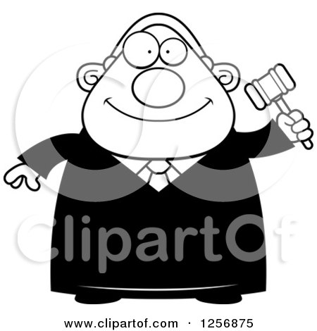 Clipart of a Black and White Happy Chubby Male Judge Holding a Gavel - Royalty Free Vector Illustration by Cory Thoman