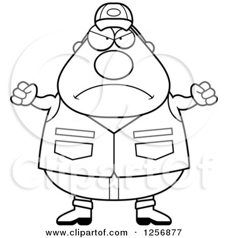 Clipart of a Black and White Mad Chubby Male Hunter Waving Fists - Royalty Free Vector Illustration by Cory Thoman