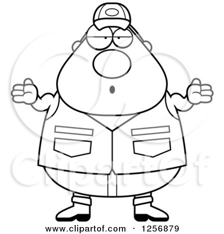 Clipart of a Black and White Careless Shrugging Chubby Male Hunter - Royalty Free Vector Illustration by Cory Thoman