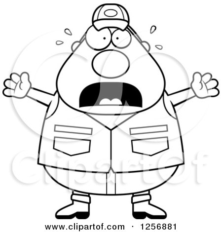 Clipart of a Black and White Scared Screaming Chubby Male Hunter - Royalty Free Vector Illustration by Cory Thoman