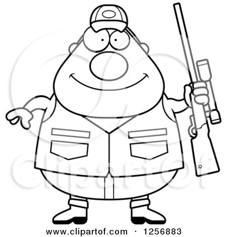 Clipart of a Black and White Chubby Male Hunter Holding a Rifle - Royalty Free Vector Illustration by Cory Thoman