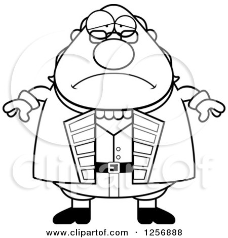 Clipart of a Black and White Sad Depressed Chubby Benjamin Franklin - Royalty Free Vector Illustration by Cory Thoman