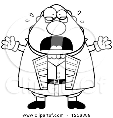 Clipart of a Black and White Scared Screaming Chubby Benjamin Franklin - Royalty Free Vector Illustration by Cory Thoman