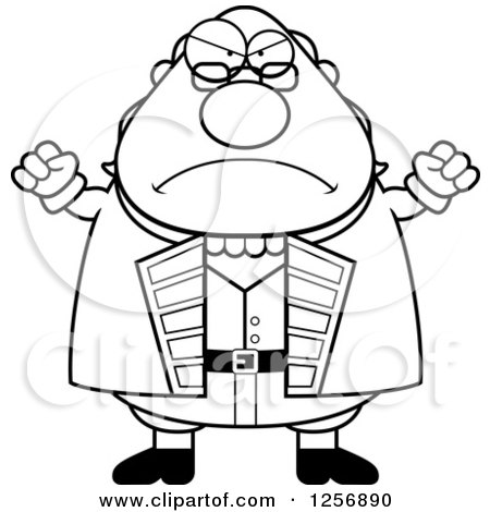 Clipart of a Black and White Mad Chubby Benjamin Franklin Waving His Fists - Royalty Free Vector Illustration by Cory Thoman