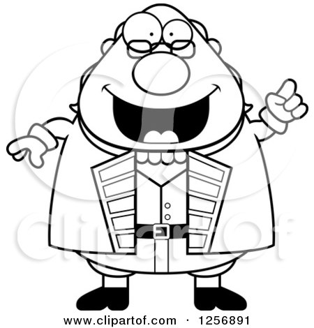 Clipart of a Black and White Chubby Benjamin Franklin with an Idea - Royalty Free Vector Illustration by Cory Thoman