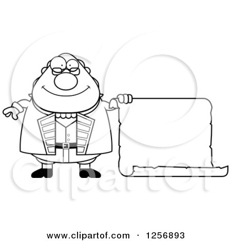 Clipart of a Black and White Chubby Benjamin Franklin with a Scroll - Royalty Free Vector Illustration by Cory Thoman