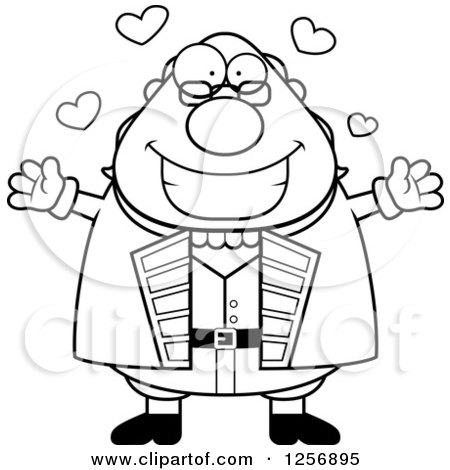 Clipart of a Black and White Chubby Benjamin Franklin with Open Arms and Hearts - Royalty Free Vector Illustration by Cory Thoman
