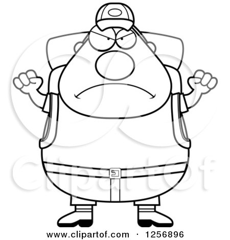 Clipart of a Black and White Mad Chubby Hiker Man with Camping Gear Waving His Fists - Royalty Free Vector Illustration by Cory Thoman