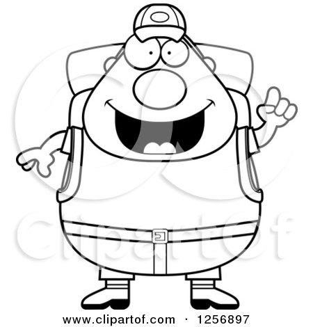 Clipart of a Black and White Chubby Hiker Man with Camping Gear and an Idea - Royalty Free Vector Illustration by Cory Thoman