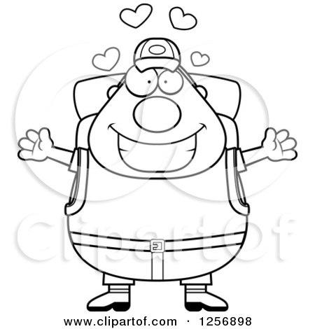 Clipart of a Black and White Loving Chubby Hiker Man with Camping Gear - Royalty Free Vector Illustration by Cory Thoman