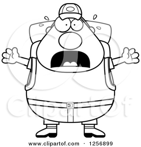 Clipart of a Black and White Scared Screaming Chubby Hiker Man with Camping Gear - Royalty Free Vector Illustration by Cory Thoman