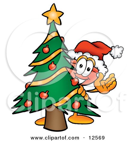 Clipart Picture of a Sink Plunger Mascot Cartoon Character Waving and Standing by a Decorated Christmas Tree by Mascot Junction